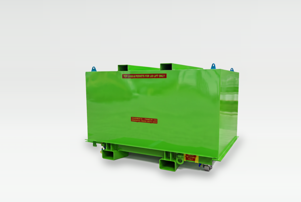 Box Assembly with the box above its Transport Frame and plate, shown in CAD
